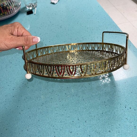 Vintage Gold Tone Metal Footed Drink Serving Tray With Handles - Picture 2 of 9
